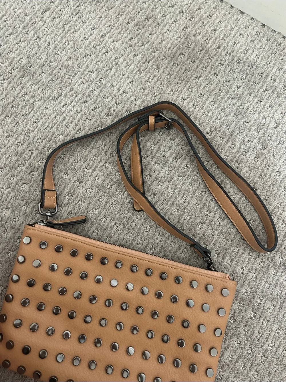 Tan Studded Leather Wristlet Clutch